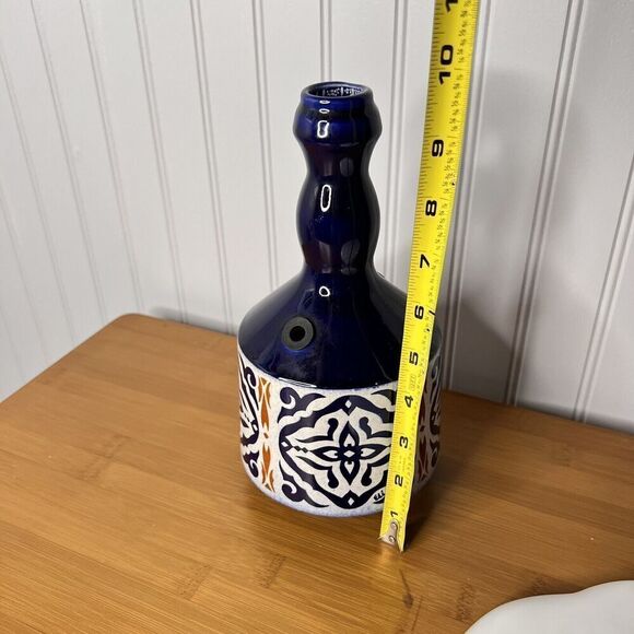 Vintage Israel Hand Painted Floral Pottery Bud Vase Blue White Orange MCM Style - Picture 6 of 7